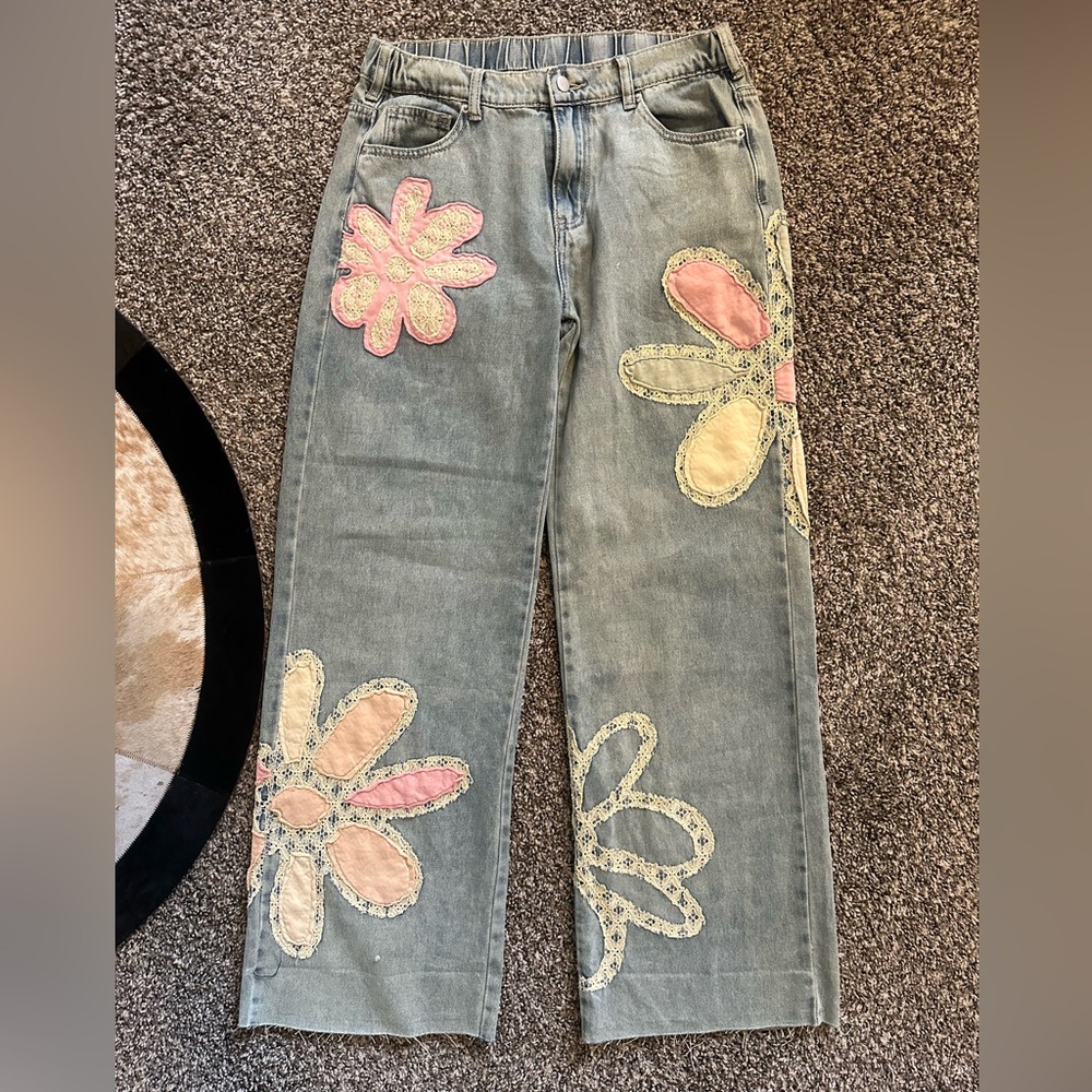 Oli & Hali Women's Straight Leg Jeans with Floral Patches